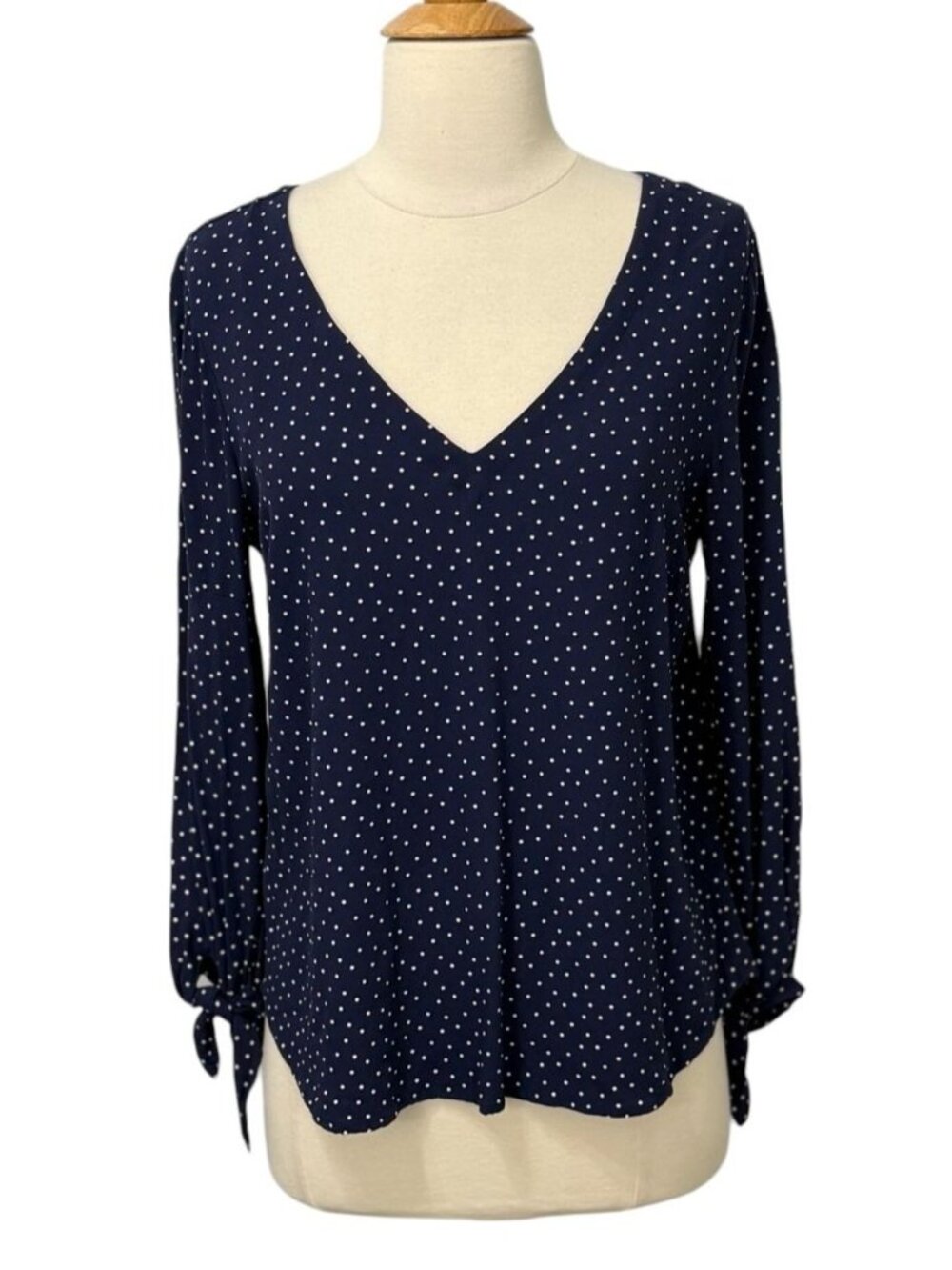 Anthropologie Maeve Womens Blue Pernille Tie-Sleeve Polka Dot Blouse Navy Size S